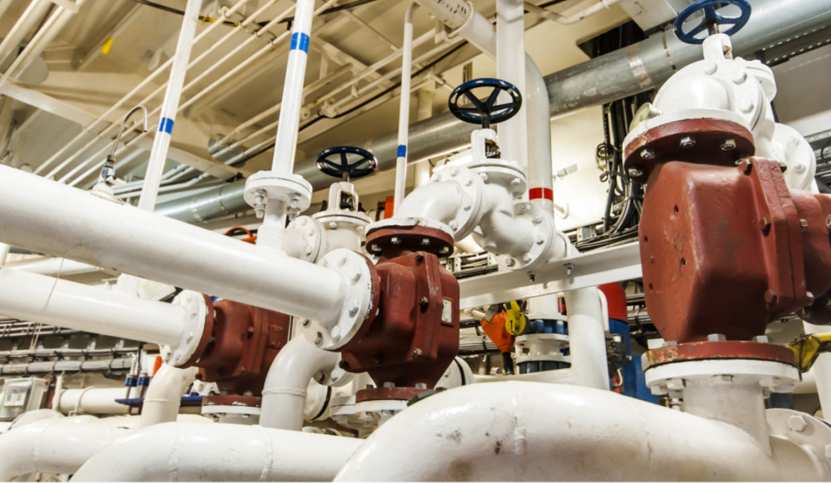 Various piping systems in the engine room